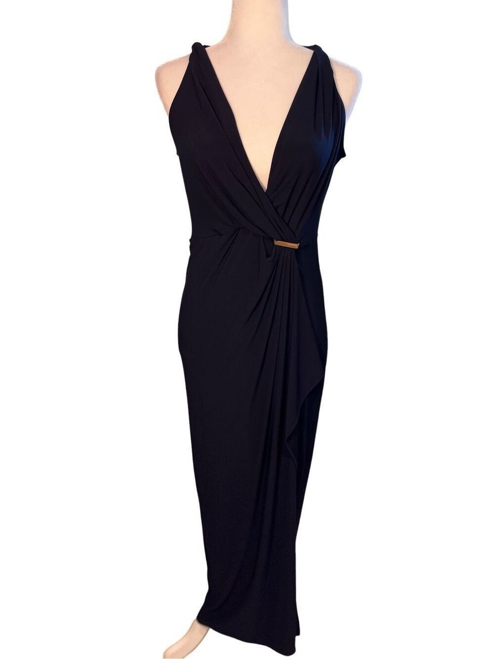 SOHO Apparel sleeveless deep V navy maxi dress with ruched waist- S